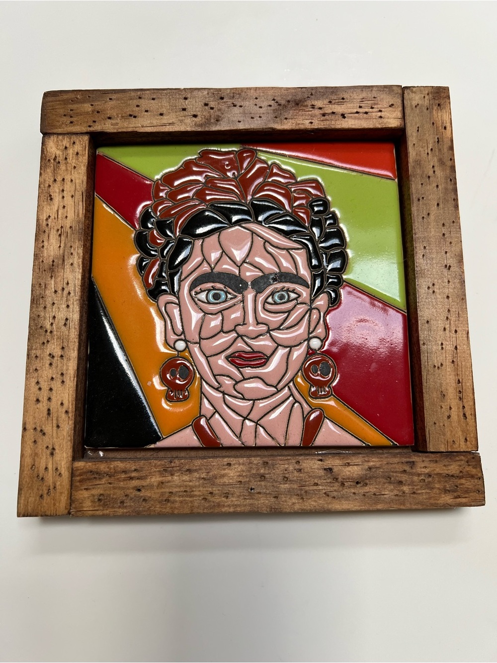 Handcrafted Multicolor Ceramic Wall Tile in Wooden Frame